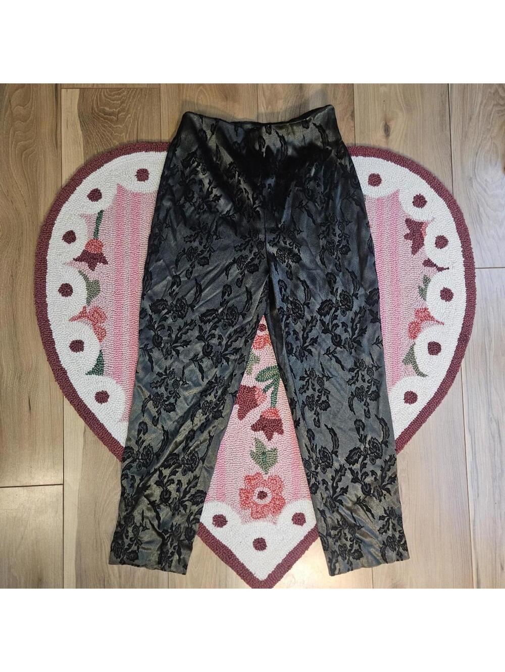 Dark Olive Green Satin, Black Floral Embelished Pants Karen Kane 10 whimsigoth